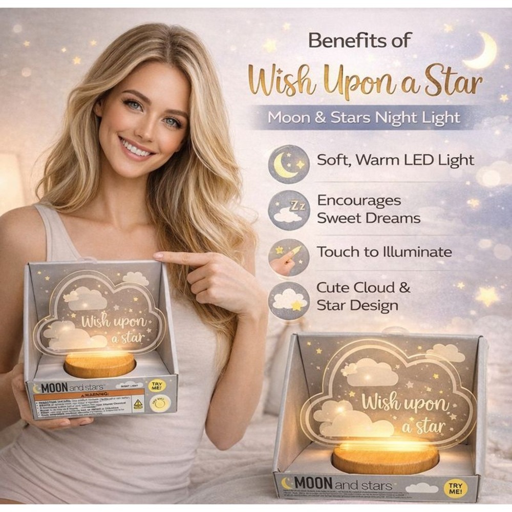 Moon and Stars Wish Upon A Star Night Light Battery Operated- Clouds & Stars NEW